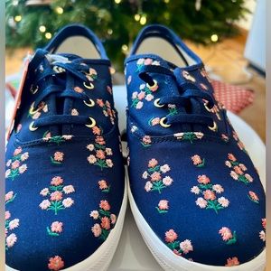 Keds X Rifle paper Embroidered Navy lace up. New with box. Wide